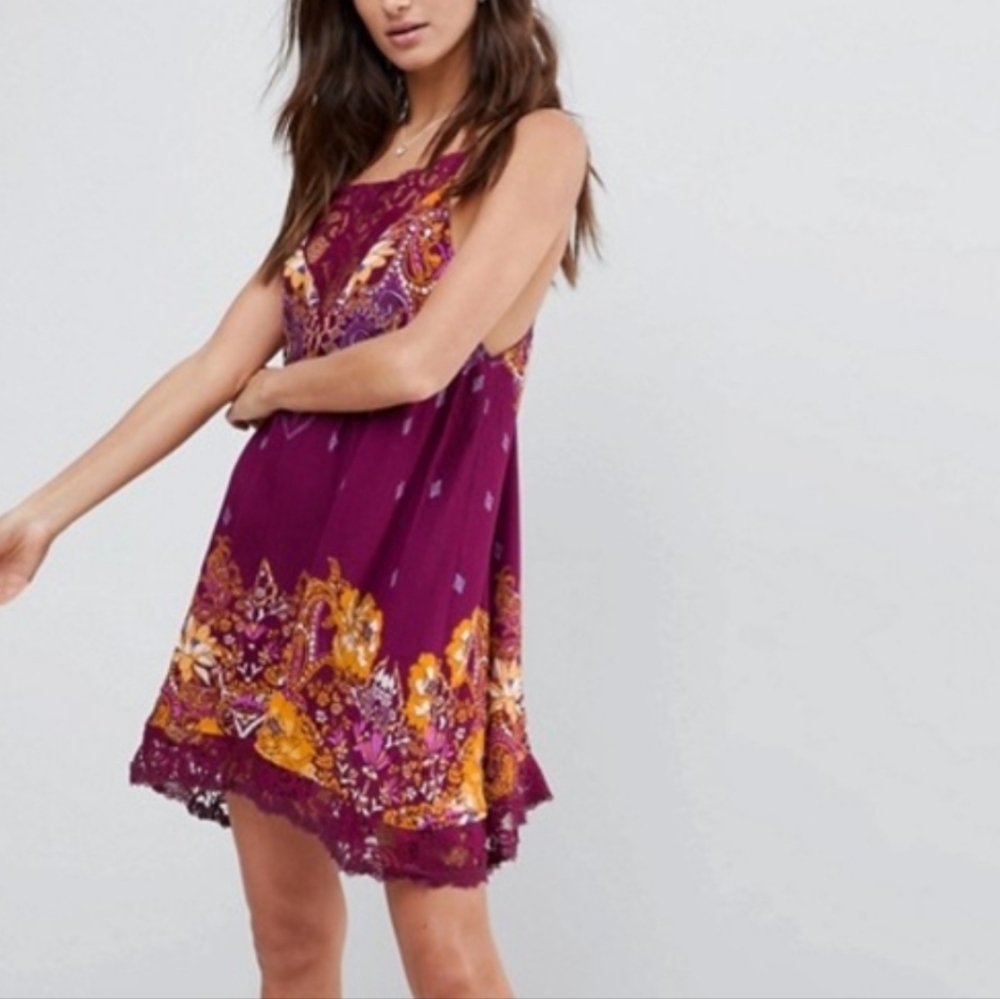 Free People Who's Sorry Now Printed Mini Slip Dress Sleeveless Lace Wine Sm NWT - Picture 6 of 15